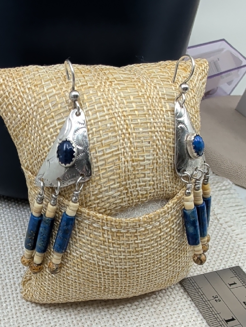 Vintage Sterling 925 Lapis Southwestern Fringe Long Drop Earrings Boho 1990s - Picture 4 of 17